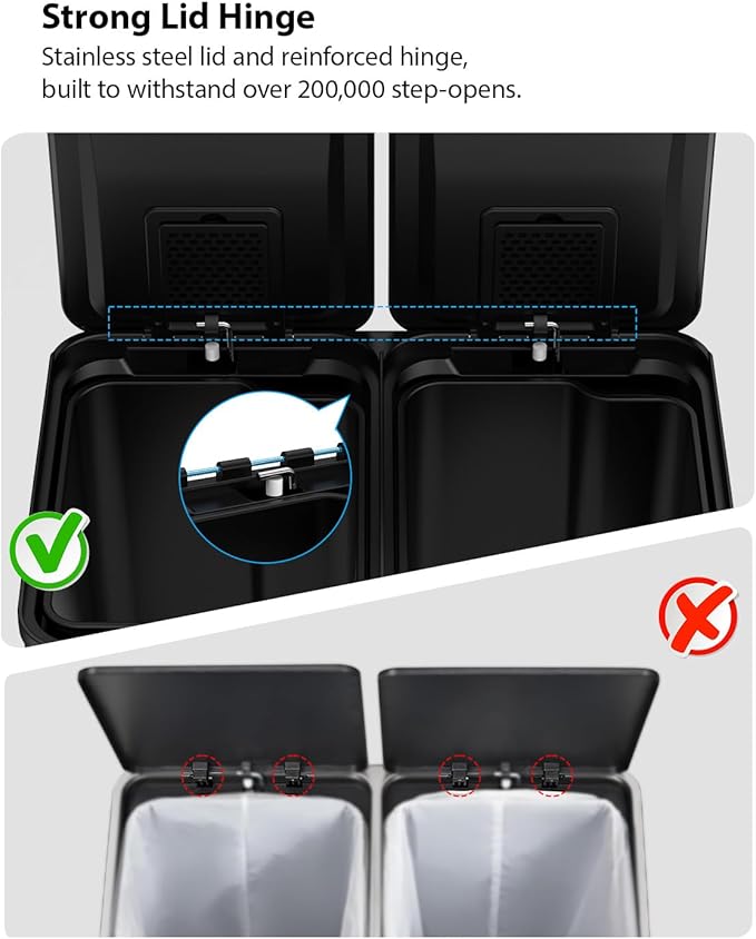 Lovewind Kitchen Trash Can, 2 x 8 Gallon (2 x 30 L) Stainless Steel Trash and Recycle Bin Combo with Soft-Close Lid, Dual Compartment Recycling Kitchen Step Trash Bin, Black