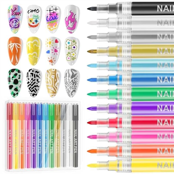 EBANKU Nail Art Pens Set, 12 Colors 3D Nail Polish Pens Acrylic Paint Pens Nail Markers for Nail Art Drawing Painting Manicure Tools Nail Design Kit Home Nail Salon DIY, 0.7MM