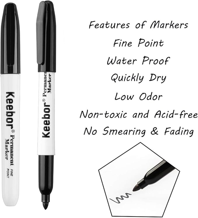 Keebor Permanent Markers Bulk, 60 Pack Black Permanent Markers, Quick Drying & Fade Resistant, Fine Point Marker Set for Wood, Plastic, Paper, Metal
