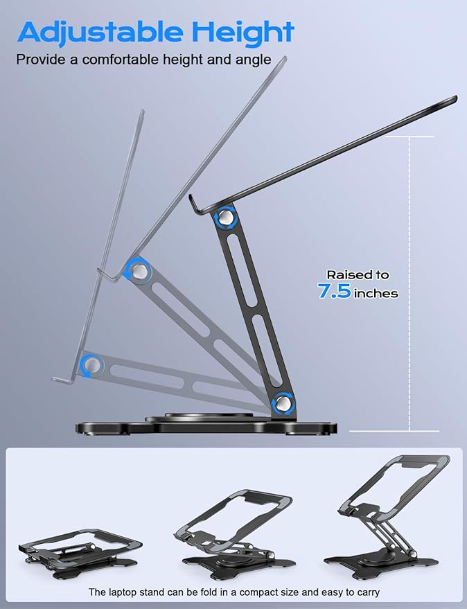 JCZT Adjustable Laptop Stand for Desk, 360° Rotating Base Ergonomic Computer Stand, Laptop Riser Foldable Protable for Office Home Fits Compatible with MacBook Pro/Air Notebook up to 10-16" Black