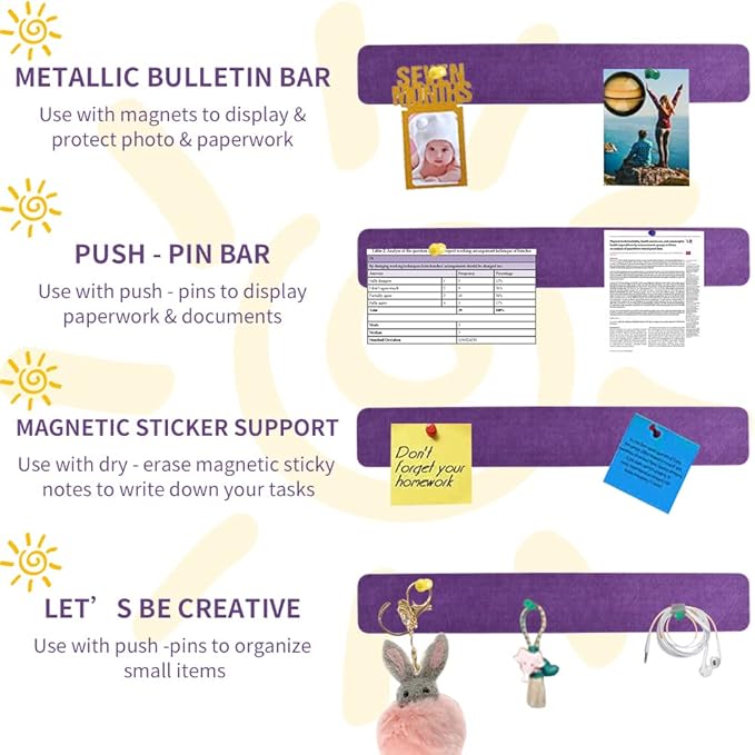 Vuzvuv 8 pcs Bulletin Board Bar Strips with 50 Pushpins & 10 Wooden Clip pins，Self Adhesive Cork Board for Wall，Felt Pin Board for School，Office Decor(Purple Rose)