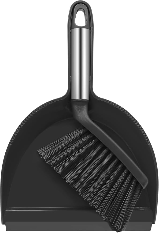 NACENA Mini Broom and Dustpan Set, Small Dust Pan and Brush Set with Handle Dustpan Teeth for Cleaning Hair Suitable for Office Desks Drawers Sofas Outdoor Camping, Black