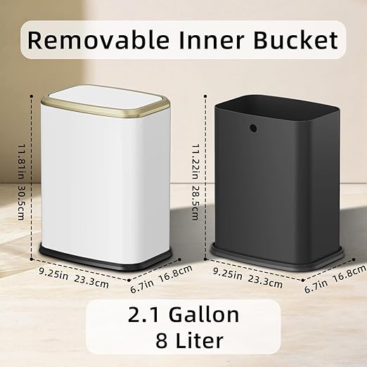 KHMMGK 8L/2.1 Gallon Small Bathroom Trash Can with Lid, Swing-Top Rectangular Waste Bin, Stainless Steel Garbage Can for Home, Office, Toilet, Bedroom, Living-Room (White)