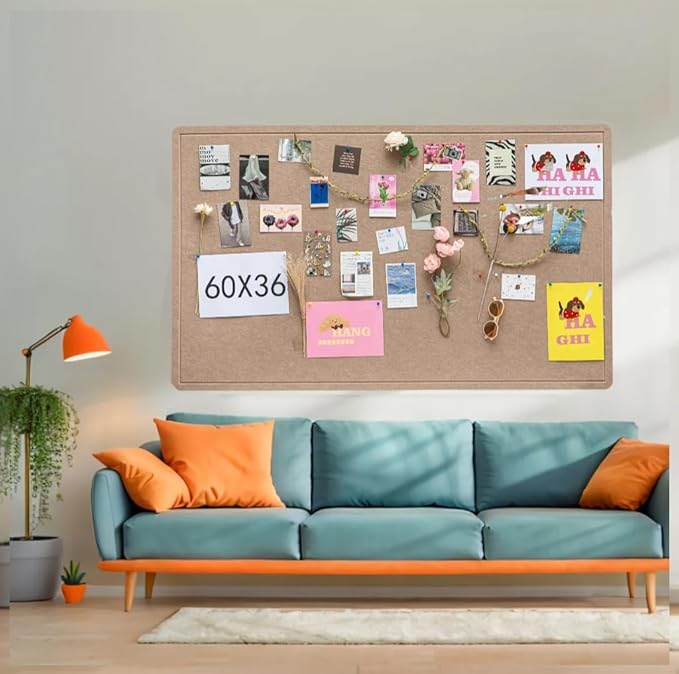 DexBoard Foldable Large Bulletin Board for Wall 60 x 36 Inches, Decorative Picture Display Felt Board with Self-Adhesive Tape for School, Home, Kitchen & Office Walls, Includes 30 Pins, Oatmeal