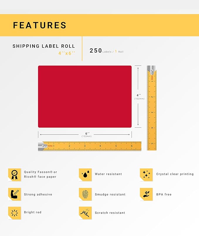 HOUSELABELS 4" x 6" Red Shipping Labels on 1" Core Compatible with Zebra and Rollo Printers, 14 Rolls / 250 Labels per Roll