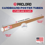 Paclord 2" x 60" Heavy-Duty Reinforced Cardboard Mailing Tube, Pack of 6 Tubes with 12 Caps – Secure USPS Approved – Great for Shipping and Storing of Prints, Artwork, Posters or Documents