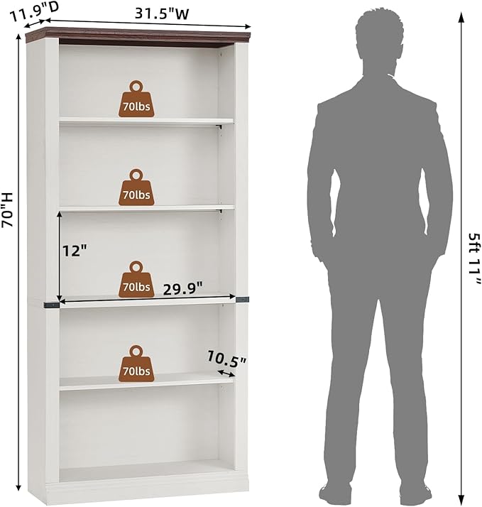 RWYHG 70" White Tall Bookshelf,5-Tier Thick Wooden Book Shelf with Adjustable Shelves,Free Standing Farmhouse Bookcase with Open Display Storage,Floor Vintage Bookshelves for Living Room,Office