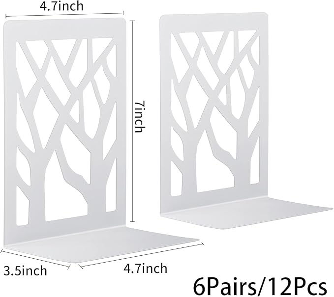MSDADA Bookends, Book Ends for Shelves, Bookends for Office, Book Ends for Heavy Books, Book Shelf Holder Stand Home Decorative，Metal Bookend Supports, Book Stoppers, White(6 Pairs)