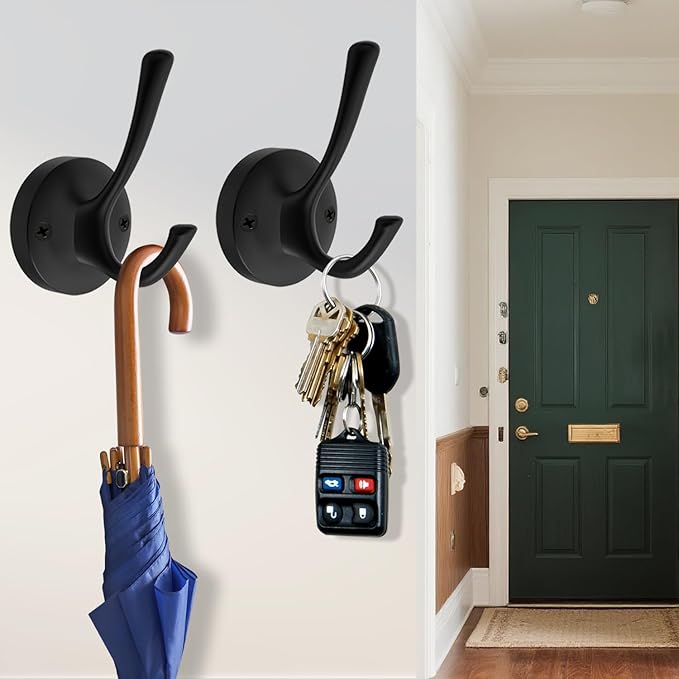 TOFIIGREM Black Wall Hooks, 6 Pack Coat Towel Hook Heavy Duty Metal Double Bath Robe Hook Wall Mounted, Hat Hooks for Cubicle Bathroom Kitchen Closet Garage