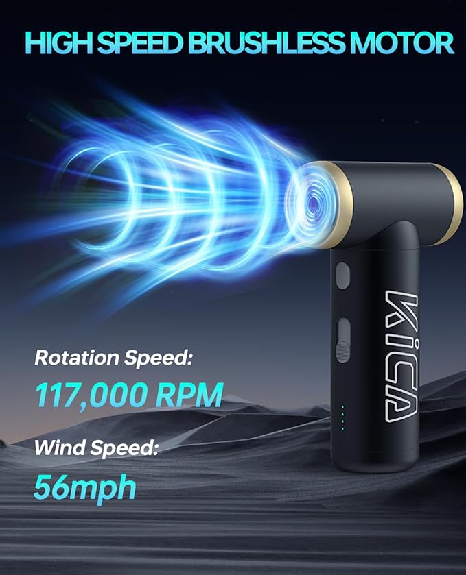 KiCA Electric Air Duster - Jet Fan 2S Rechargeable Air Duster, 117000RPM Brushless Motor, Metal Shell, 56 MPH Wind Speed, Jet Dry Blower for Keyboard, PC, Car & Home Cleaning (Black)