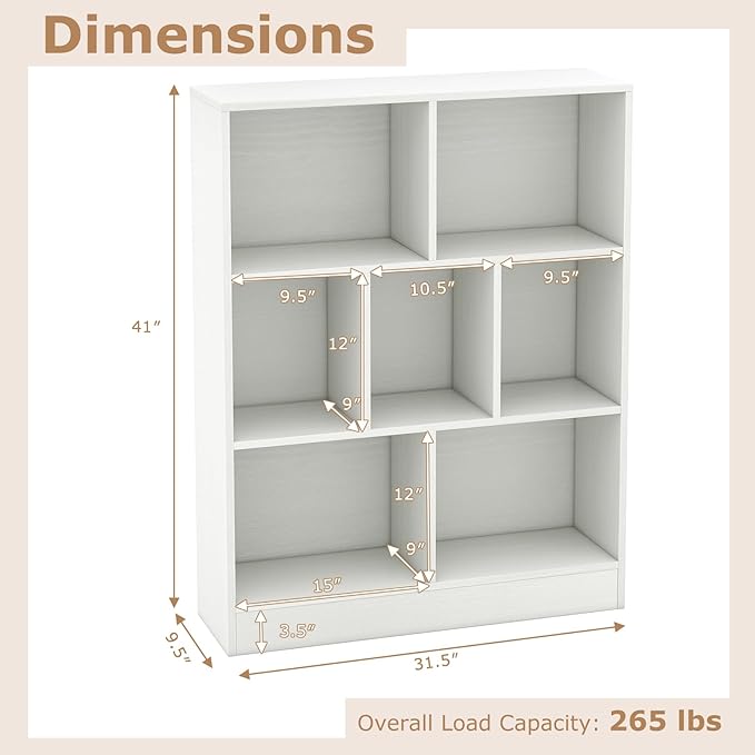 Tangkula 7-Cube Bookshelf, 41” Floor Bookcase with 2 Anti-Tipping Kits, Freestanding Storage Organizer, 4-Tier Display Shelf for Home, Office & Dorms, Natural/White (White, 7-Cube)