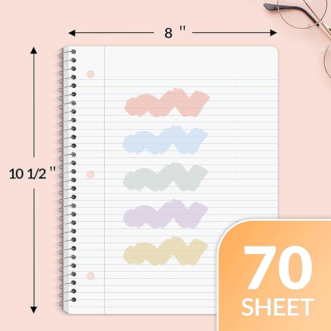 SUNEE Spiral Notebooks, 24 Pack, 1-Subject, College Ruled Paper, 8" x 10-1/2", 70 Sheets per Notebook, Assorted Pastel Colors Spiral Notebooks for School