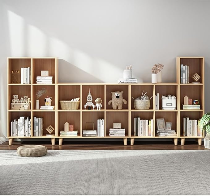 IOTXY Open Cube Low Bookcase - 3-Tier Freestanding Storage Display Cabinet Organizer with Legs for Home Office, 8-Cubes Open Shelf Short Bookshelf, Oak