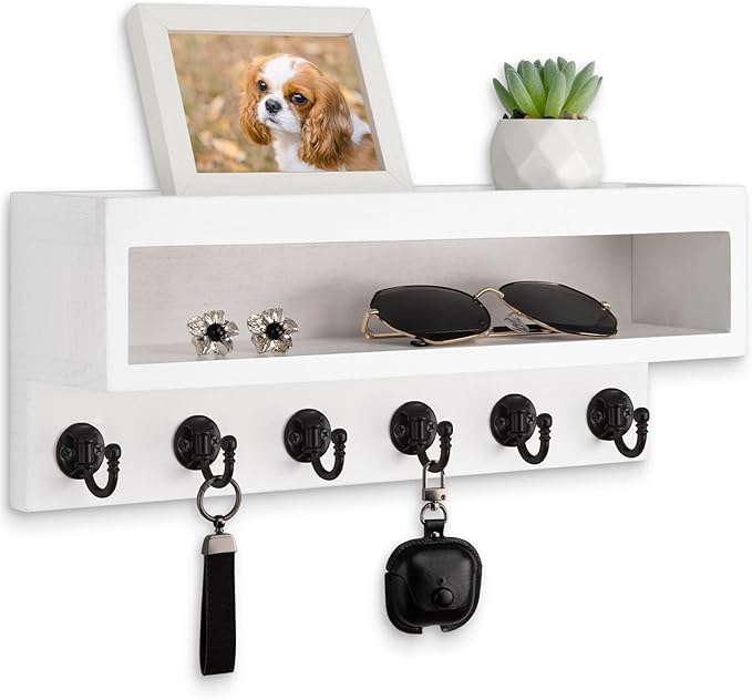 Lucundm Key and Mail Holder Wall Mount, Key Hanger with Long Storage Box and 6 Hooks for Coat, Dog Leash, Home Decor Rack, House Accessories, Entry Way Organizer (White)