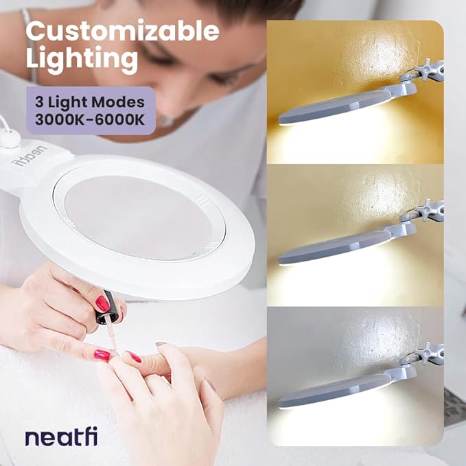 Neatfi XL Bifocal LED Magnifying Lamp, 7-Inch Acrylic Lens, 5D/20D Magnification, Hands-Free, Dimmable, 168 SMD LED, Adjustable Arm for Crafts, Reading, Close Work (White, CCT with Clamp)