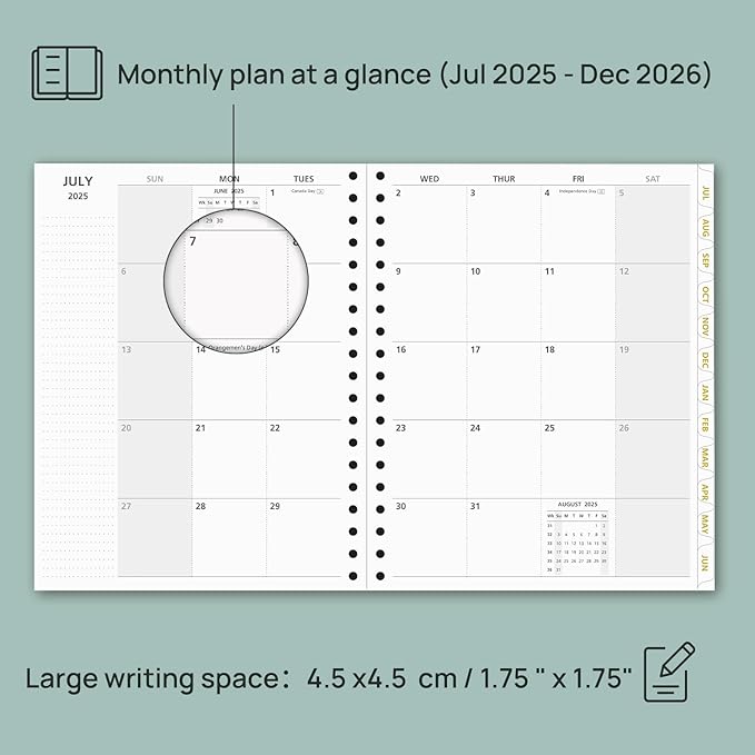 POPRUN Monthly Planner 2025-2026 Spiral Hardcover (8'' x 10''), 18 Months Calendar (Jul.2025 - Dec.2026) - 2 Pages per Month with Dotted Note Pages, Sunday Start, Laminated Tab - Burgundy