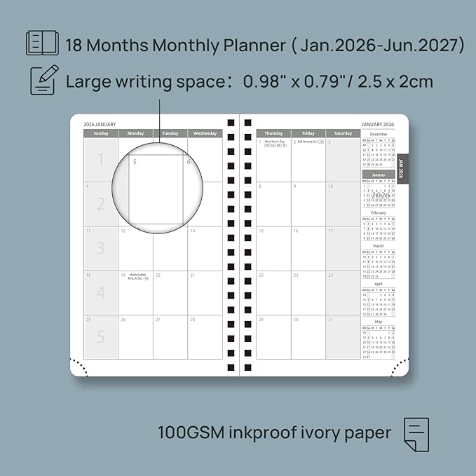 POPRUN Pocket Monthly Planner 2026-2027 (Small Size 4.25" x 6.25") 18 Months Calendar Book(Jan 2026 - Jun 2027) - 4 Pages per Month with Expense & Notes, Leather Cover, Sunday Starts - Burgundy