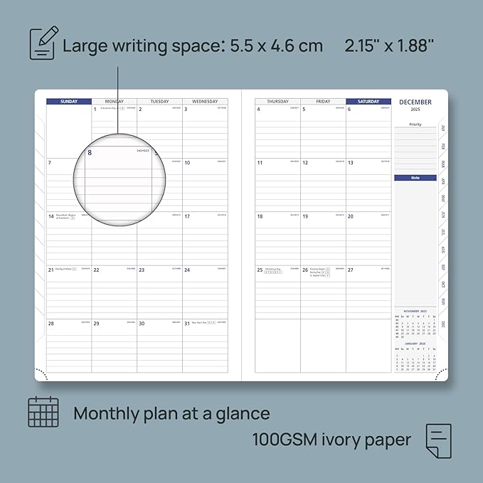 POPRUN Monthly Planner 2026-2027 (Large-8.25'' x 11.75''), 16 Months Calendar(Dec 2025-Mar 2027) Appointment Book with Stair Tabs, Inner Pockets, Pen Holder, PU Leather Softcover - Night Sky Navy Blue