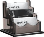 Uniclife Acrylic Business Card Holder for Desk 3 Slots Horizontal Business Card Display Stand for Men and Women Desktop Name Card Organizer Card Stand for Office Home, 180 Card Capacity, Black