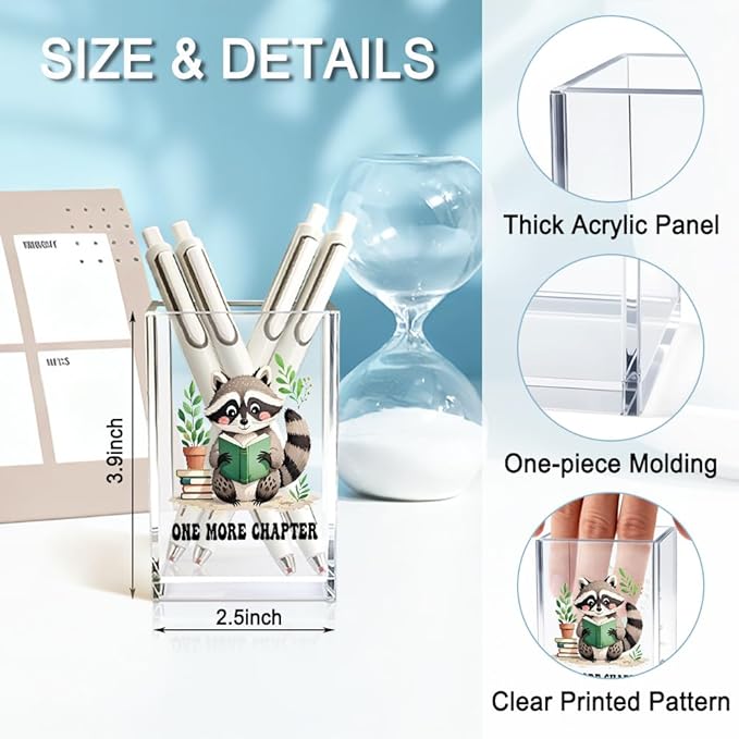 QYUVK One More Chapter Acrylic Pencil Holder Cup, Book Lover Gifts for Women, Funny Reading Raccoon Desk Organizer and Accessories for Raccoon Lover Bookish Bookworms Readers, Pen & Bookmark Holder