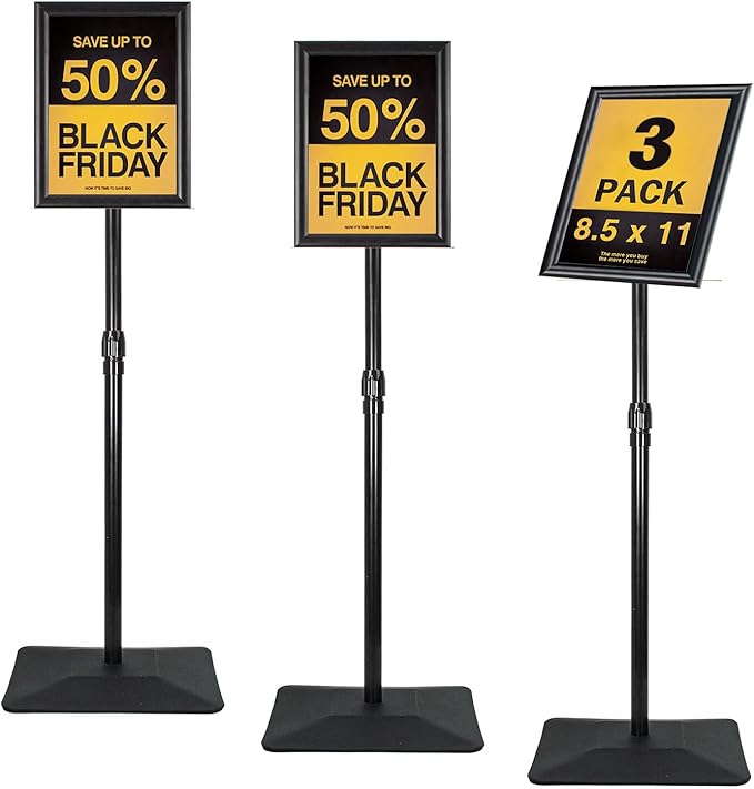 Golemas Adjustable Sign Stand for Display, with Upgraded Iron Base, Pedestal Floor Signage Stand Holder for Outdoor or Indoor Advertising (8.5 x 11, Black, 3Pack)