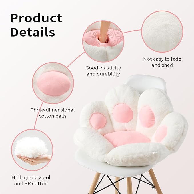 Ditucu Cat Paw Cushion Kawaii Chair Cushions 31.4 x 27.5 inch Cute Stuff Seat Pad Comfy Lazy Sofa Office Floor Pillow for Gaming Chairs Room Decor White