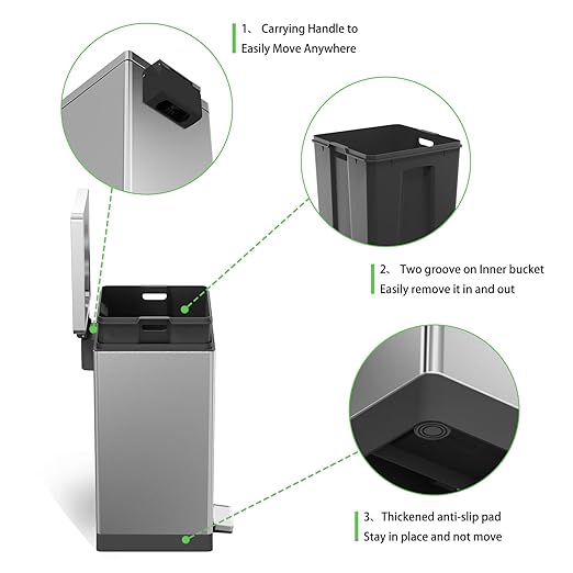 SIMPLYKLEEN Trash Can with Lid - 30 Liter/8 Gallon Square Stainless Steel Trash Can with Odor Protection Kitchen Garbage Cans with Soft-Close Foot Pedal Step Bin for Bathroom Home Office Silver