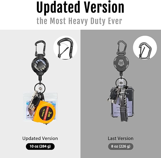 MNGARISTA Upgraded Version Retractable Keychain, 10 OZ Retraction, 31.5" Stainless Steel Cord, Heavy Duty Carabiner Badge Holder, 3K Carbon Fiber ID Badge Reel with Badge Strap and Key Ring