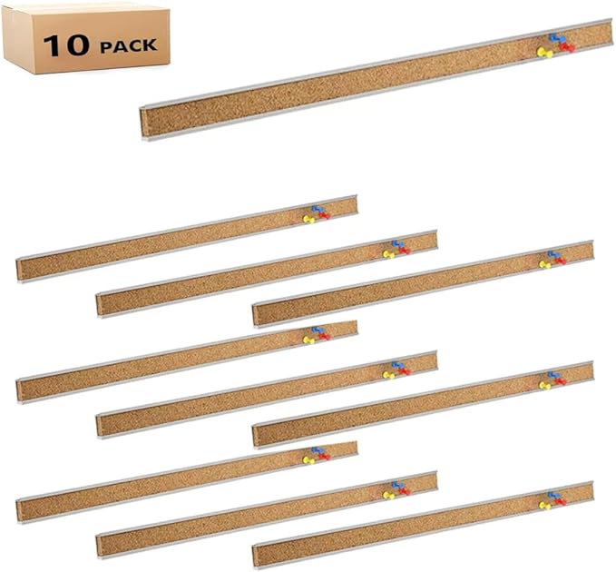 Corksidol Bulletin Bar Strip, Cork Board, Cork Strips, 24" x 1", Classroom, Office, Walls, Cubicle, Aluminum Frame,10 Pack, Silver