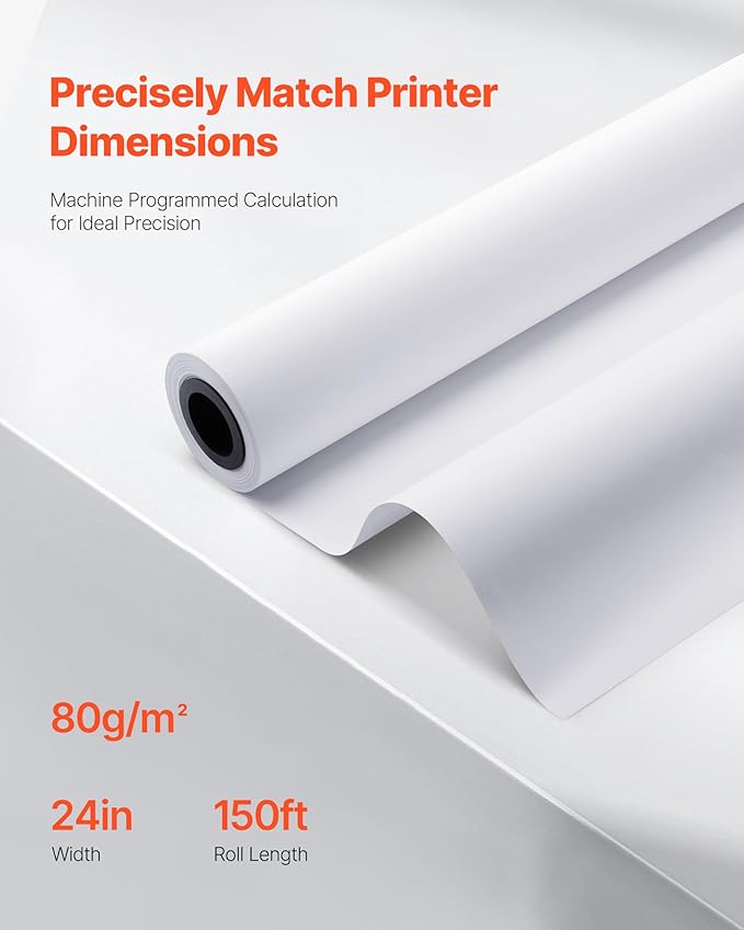 VEVOR Wide Format Paper, 24 in x 150 ft Plotter Roll, 2 Rolls CAD Bond Rolls with 2 in Core, 20 LB Bond Paper Rolls, Ideal for CAD Drawings, Engineering Plans, GIS Maps, and Architectural Designs