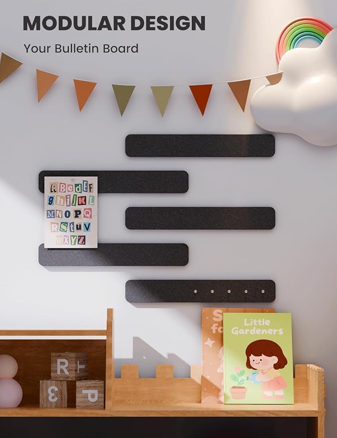 Fluxynara Cork Board Alternative Felt Strip Board 5-Pack 13"x2", Office Pin Board with 35 Push Pins, Adhesive Install for Bedroom Door & Home Office(Black)