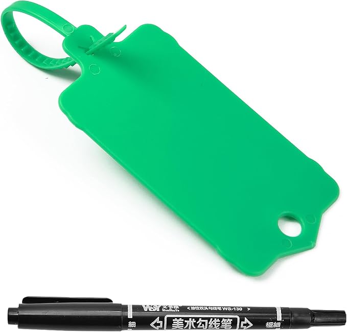 100pcs Blank Plastic Tags for Labeling Reusable Hanging Tags Ties Key Tag Storage Labels Waterproof Plastic Mark Label Writable Hang Sign with One Marker Pen (Green)