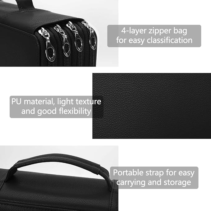 Vomgomfom Colored Pencil Case - Large Capacity PU Leather Pencil Holder with Zipper Closure for 300 Colored Pencils or 200 Gel Pens, Artist Pencil Case Organizer (Black)