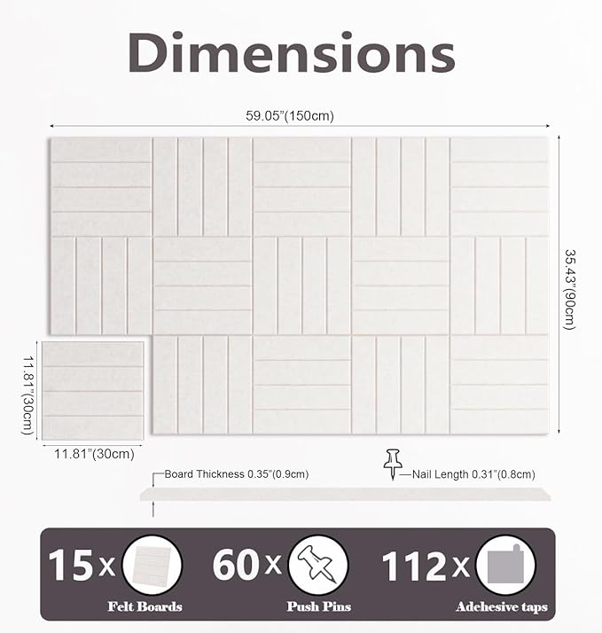 G Gamit Large Felt Wall Tiles Bulletin Board 59”x36”,Large Cork Board Alternative with 60 Pushpins, 15-Pack Felt Pin Board with 112 Safe Removable Adhesive Tabs for Home Office School (Oatmeal)