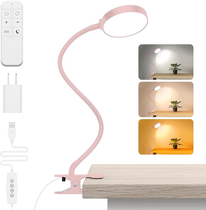 iFalarila Reading Light with Remote, LED Desk Lamp Clip on [1H Timer & Nightlight] RA>95 Dimmable Flexible Gooseneck, Reading Lamp with Clamp for Table - 3.5'' (Adapter Included)