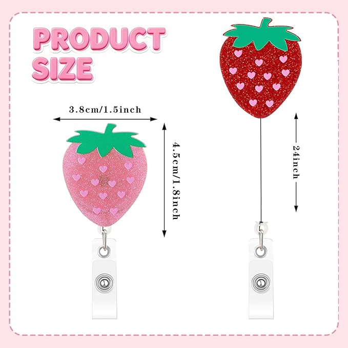 2Pcs Strawberry Badge Reel Retractable Personalized ID Name Badge Holder with Retractable Clip | Cute Nurse Gifts, Funny Badge Holder