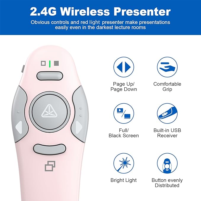 QUI Presentation Clicker Wireless Presenter Remote Clicker for PowerPoint Presentation Remote, PowerPoint Slide Advancer for Mac/Windows/Linux, Google Slide/PPT/Keynote, USB A, Pink