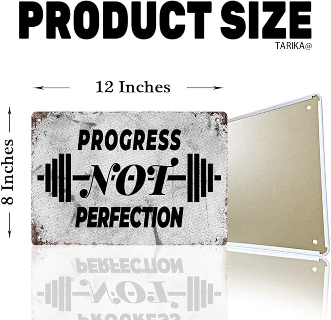 Tarika Progress Not Perfection 20X30 cm Iron Retro Look Decoration Poster Sign for Home Gym Inspirational Quotes Wall Decor