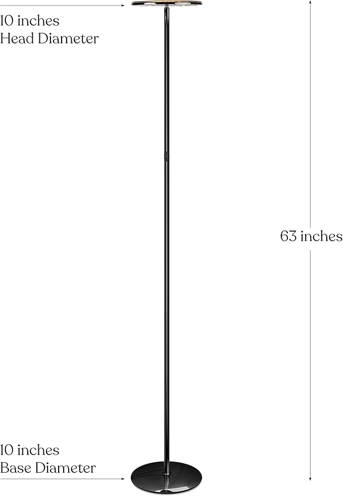 Brightech Sky LED Floor lamp, Torchiere Super Bright Floor Lamp for Living Rooms & Offices - Dimmable, Tall Standing Lamp for Bedroom Reading - Black Chrome