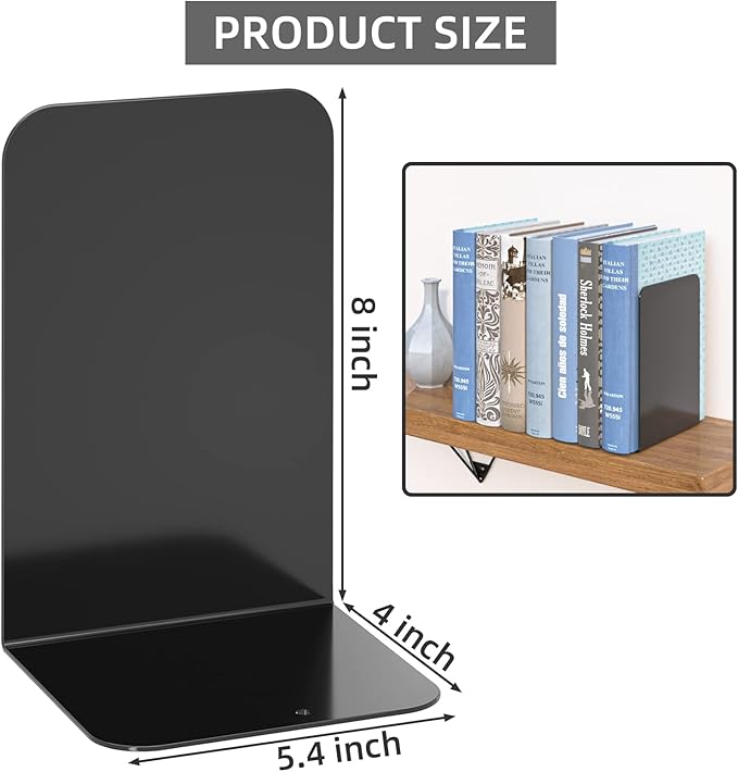 VFINE Bookends 1 Pair, Black Metal Book Ends, Heavy Bookends for Shelves, Book Stopper for Heavy Books, Book Organizer for Home Office School Supplies