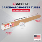 Paclord 2" x 36" Heavy-Duty Reinforced Cardboard Mailing Tube, Pack of 6 Tubes with 12 Caps – Secure USPS Approved – Great for Shipping and Storing of Prints, Artwork, Posters or Documents