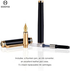 HDDNB Black Luxury Fountain Pen Set for Men and Women with Gift Box, 24K Gold Finish and Gilded Nib(Extra Fine) with 5 Black Ink Cartridges and Converter