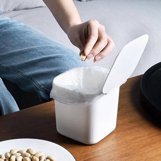 SILJIATING Mini Desktop Trash Can with Trash Bags, Small Countertop Waste Bin with Lid for Office, Skincare & Makeup Table, Tiny Aesthetic Garbage Bin for Bedside White(1pc)