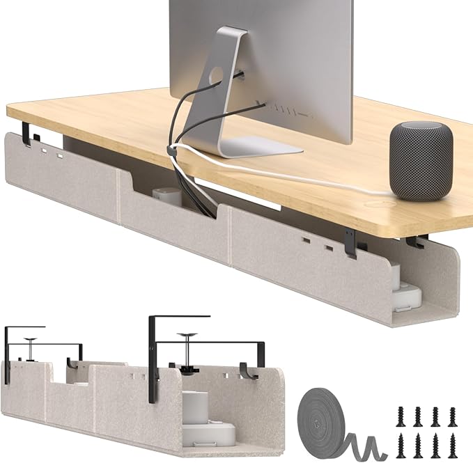 ERGO COLLECT Under Desk Cable Management Tray,No-Drill Upgraded Thickened Felt Cord Organizer with Clamp or Screw Mount,Cable Holder for Standing Desk,Home Or Office(Beige, 47.2")