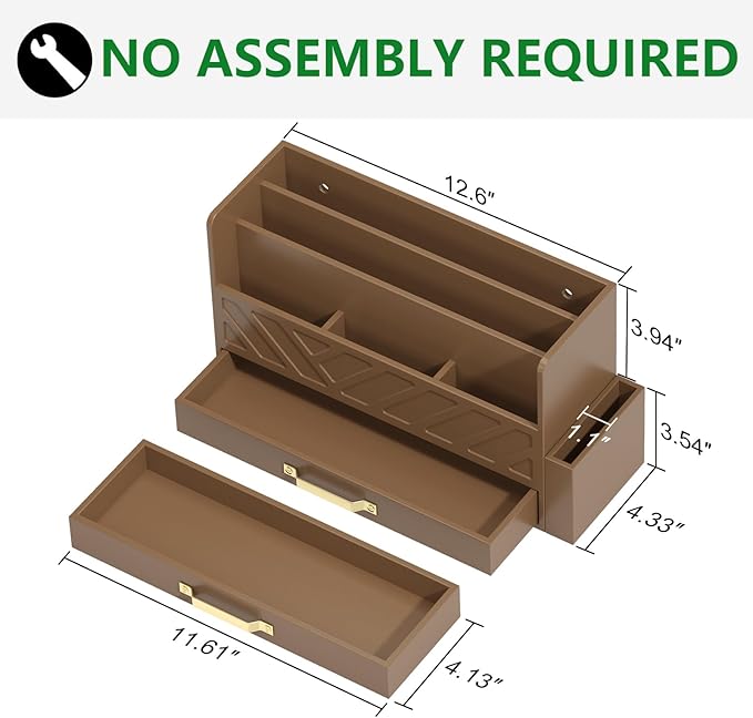 WISUCART Bamboo Desk Organizer Mail Holder Countertop Wood Desk Drawer Tabletop Storage Box Pen Holder Letter Sorter Makeup Organizer for School Home Office Supplies with Pen Holder Brown