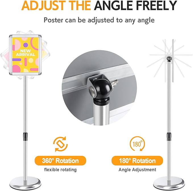RedChili Sign Holder Stand 8.5x11 Inch, Floor Standing Sign Holder With Rotated Snap-Open Aluminum Frame, Angle Height Adjustable Signage Stand with Round Base for Advertising Poster (Silver, Round Corner)
