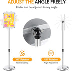 RedChili Sign Holder Stand 8.5x11 Inch, Floor Standing Sign Holder With Rotated Snap-Open Aluminum Frame, Angle Height Adjustable Signage Stand with Round Base for Advertising Poster (Silver, Round Corner)
