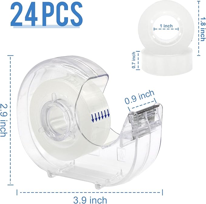 JEFURE 24 Pcs Transparent Tape with Dispenser, 0.7 in x 1000 in Clear Tapes and Refillable Dispensers, Office Tape Rolls with Dispenser Bulk for Craft Jobs, Gift Wrapping, Repairing, Home and School