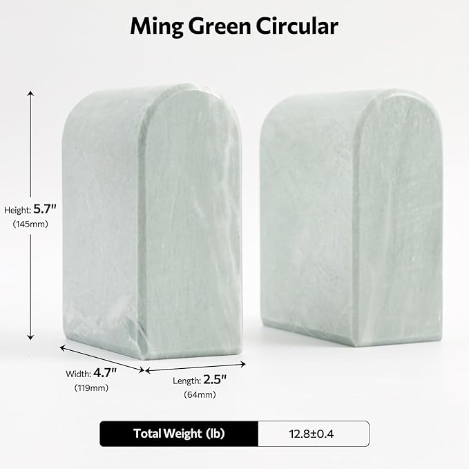 Faticdorr Luxury Marble Bookends for Shelves, 13LB Heavy Duty Marble Book Ends for Heavy Books, Stone Bookends Decorative, Polished, Light Green Arch, Set of 2