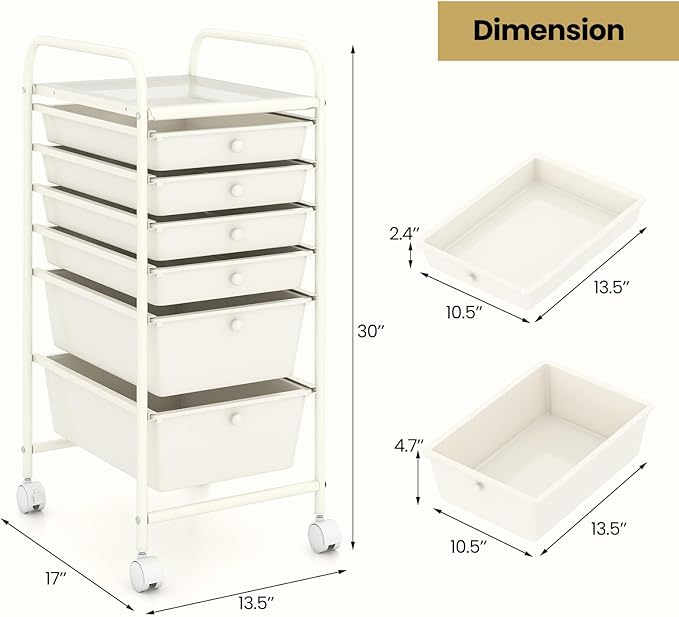 Giantex 6 Storage Drawer Cart Rolling Organizer Cart for Tools Scrapbook Paper Home Office School Multipurpose Mobile Utility Cart (Ivory)